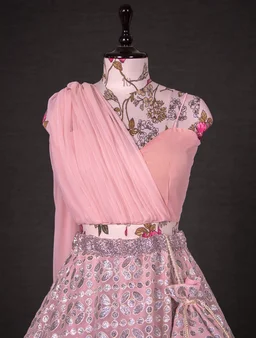 PartyWear Ready To Wear Sequins Embroidery Bridal Look Lahenga For Bridesmaid In Indowestern Style Co-ord With Heart Shape Fully Stitched Blouse For Stunning Evening Cocktail Party/Reception and Sangeet Function.