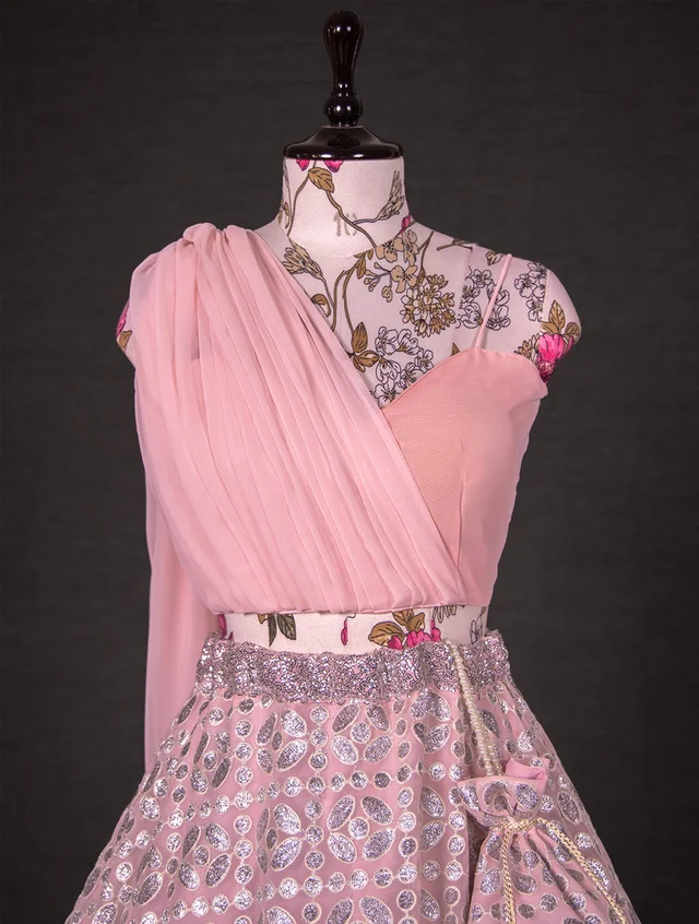 PartyWear Ready To Wear Sequins Embroidery Bridal Look Lahenga For Bridesmaid In Indowestern Style Co-ord With Heart Shape Fully Stitched Blouse For Stunning Evening Cocktail Party/Reception and Sangeet Function.