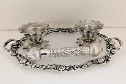 Metal Silver Plated Kamal Shape pair Bowl With Oval Tray Makar Sankriti & Gifting Combo - 9.5×6×9.5, Oval Tray