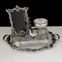 Metal Silver Plated Kamal Shape pair Bowl With Oval Tray Makar Sankriti & Gifting Combo - 9.5×6×9.5, Oval Tray