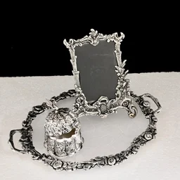 Metal Silver Plated Kamal Shape pair Bowl With Oval Tray Makar Sankriti & Gifting Combo - 9.5×6×9.5, Oval Tray