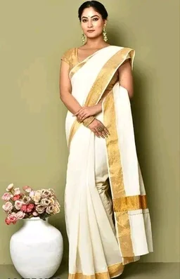 KERALA KASAVU TRADITIONAL PLAIN COTTON CREAM COLOR SAREE WITH BEST QUALITY 2 BY 3 INCHES ZARI IN PALLU Saree