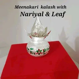 Petite German Silver Pooja kalash With Nariyal & Leaf - Meenakari