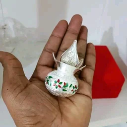 Petite German Silver Pooja kalash With Nariyal & Leaf - Meenakari