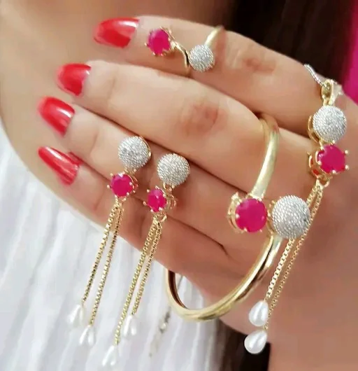 Beautiful Beads & Ruby Stone Work American dimond Pendent with Chain Jwellery - Free Size, Pink Stone, Alloy, Multipack of1