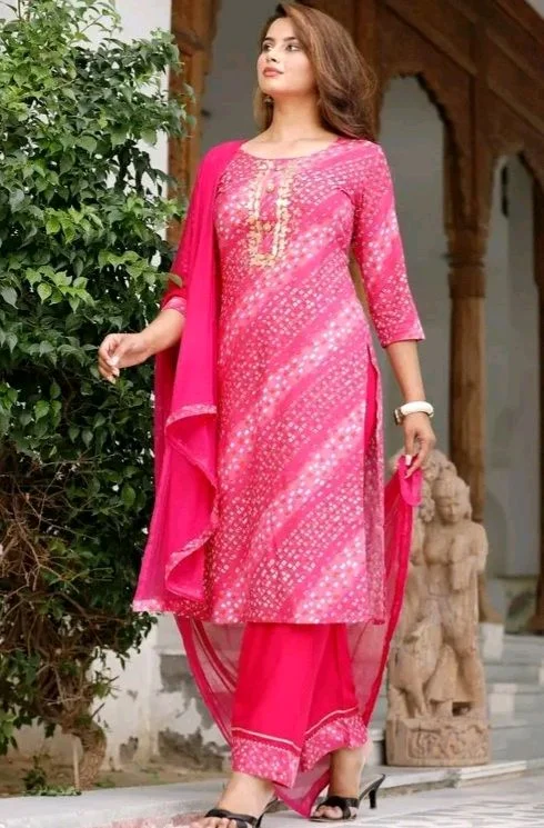 Women Lehriya Print Straight Kurta Palazzo With Dupatta - M, Red, Deep Pink