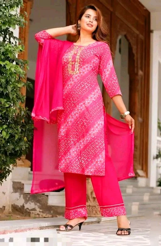 Women Lehriya Print Straight Kurta Palazzo With Dupatta - M, Red, Deep Pink