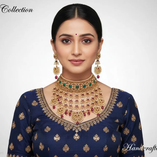 Royal Rajputi Kundan Choker Necklace Set with Earrings – Maroon Moti Bead Chain | Bridal & Festive Jewellery - Adjustable, Gold plated, Choker, Multipack of 1