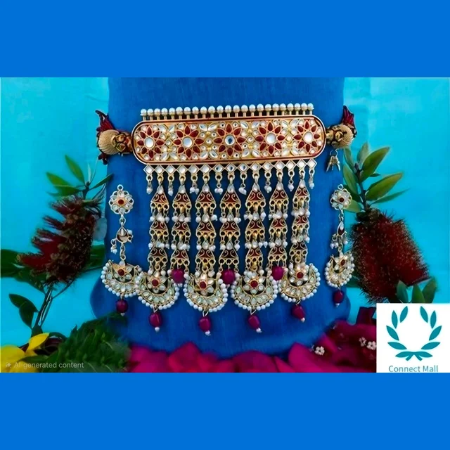 Royal Rajputi Kundan Choker Necklace Set with Earrings – Maroon Moti Bead Chain | Bridal & Festive Jewellery - Adjustable, Gold plated, Choker, Multipack of 1