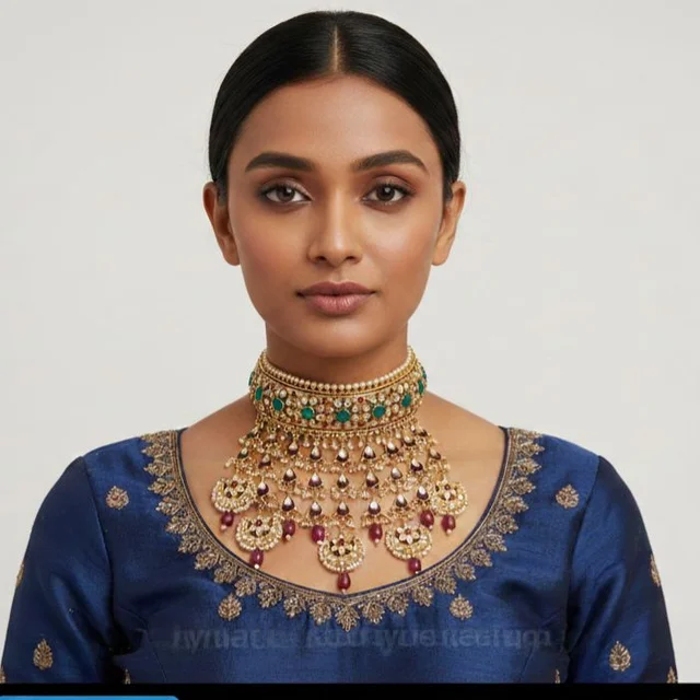 Royal Rajputi Kundan Choker Necklace Set with Earrings – Maroon Moti Bead Chain | Bridal & Festive Jewellery - Adjustable, Gold plated, Choker, Multipack of 1