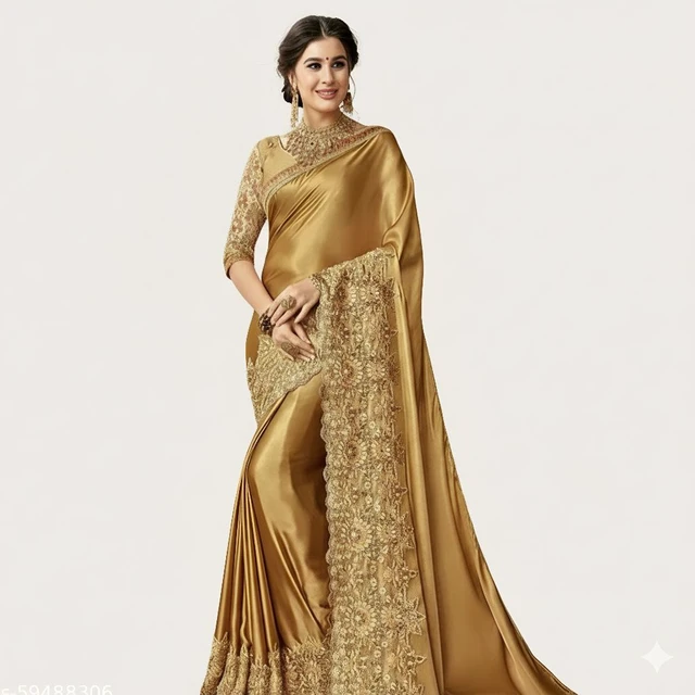 Golden Party Wear Saree – Women Golden Embroidered Saree with Heavy Border for Wedding