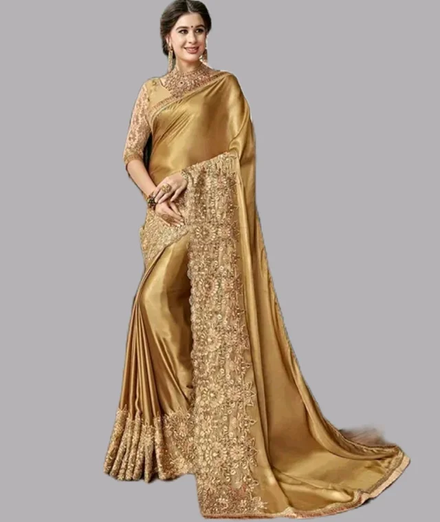 Golden Party Wear Saree – Women Golden Embroidered Saree with Heavy Border for Wedding