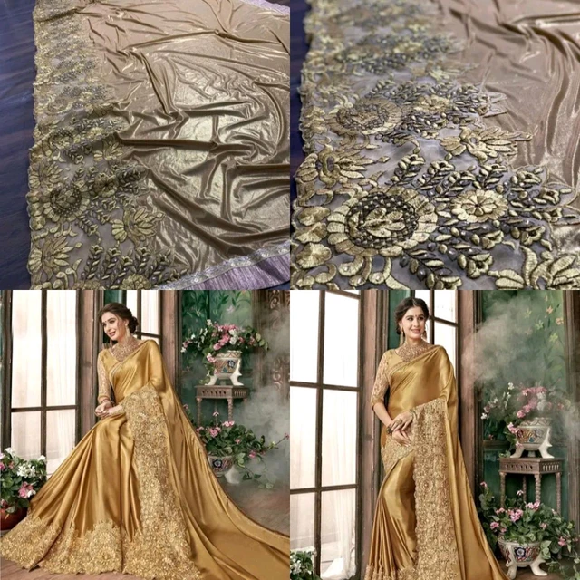 Golden Party Wear Saree – Women Golden Embroidered Saree with Heavy Border for Wedding