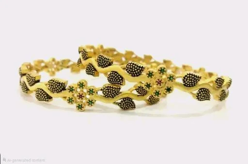 Twinkling Chic Designer Bangle -Antique Gold Leaf Pattern Bracelet Style - 2.4