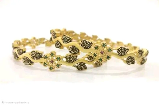Twinkling Chic Designer Bangle -Antique Gold Leaf Pattern Bracelet Style - 2.4