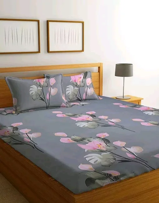 Glace Cotton Double Bed Bedsheet With 2 Pillows Covers (80×90 Inch) - Double Queen, Gray, Cotton