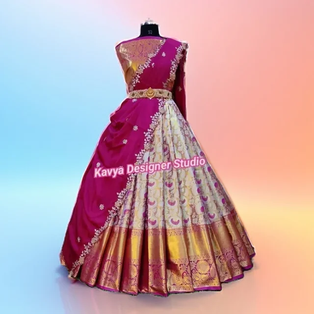 Kanjivaram Half Saree ( Lahenga Dhavani - Pink Flamingo, Kanjivaram Silk, Unstiched