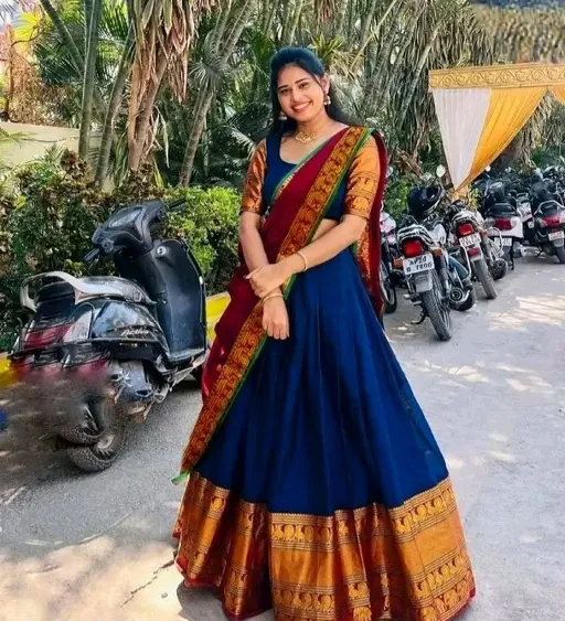 Kanjivaram Pure Silk Zari Weaving half saree for Wedding and festival With Blouse - Dark Blue