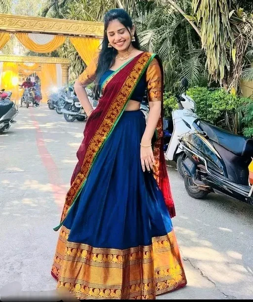 Kanjivaram Pure Silk Zari Weaving half saree for Wedding and festival With Blouse - Dark Blue