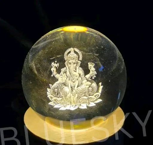 3D Crystal Ball Lamp Light with Wooden Base Perfect For Home Decor Kid's Gift (Galaxy Light) - Lord Ganesh