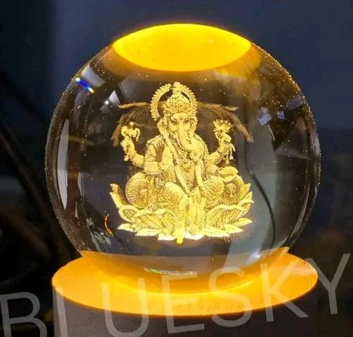 3D Crystal Ball Lamp Light with Wooden Base Perfect For Home Decor Kid's Gift (Galaxy Light) - Lord Ganesh