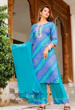 Women Lehriya Print Straight Kurta Palazzo With Dupatta - M, Turquoise