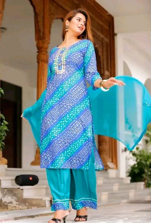 Women Lehriya Print Straight Kurta Palazzo With Dupatta - M, Turquoise