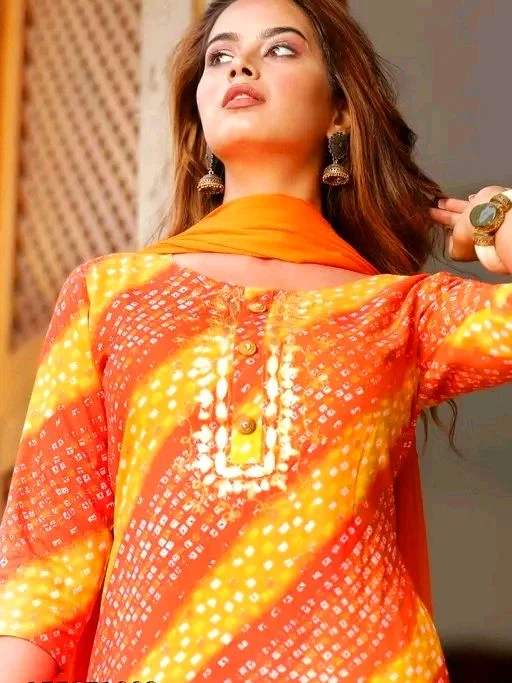 Women Lehriya Print Straight Kurta Palazzo With Dupatta - XXL, Web Orange