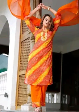 Women Lehriya Print Straight Kurta Palazzo With Dupatta - XXL, Web Orange