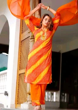 Women Lehriya Print Straight Kurta Palazzo With Dupatta - XXL, Web Orange