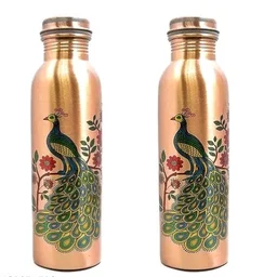 Seamless Peacock Printed 1lt Copper Water Bottle With Glass- Ayurvedic 100 % Pure Koper Water Storage. - 1 Glass WITH OUT BOX