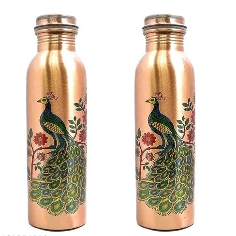 Seamless Peacock Printed 1lt Copper Water Bottle With Glass- Ayurvedic 100 % Pure Koper Water Storage. - 1 Glass WITH OUT BOX