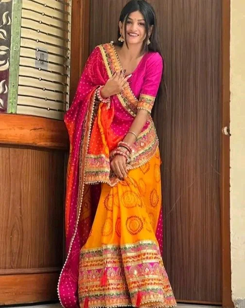 Rajasthani Designer Bandhani Saree Gotta Patti Lace Border with Blouse Piece | Wedding Saree For Women