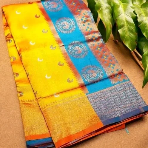 Maharatzstra Tradational Paithani Cotton Saree With Blouse Piece For Wedding & Special Occassion - Yellow
