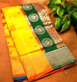 Maharatzstra Tradational Paithani Cotton Saree With Blouse Piece For Wedding & Special Occassion - Gold