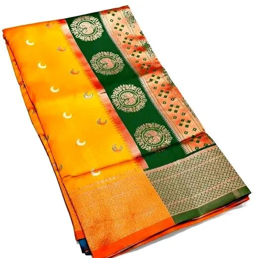 Maharatzstra Tradational Paithani Cotton Saree With Blouse Piece For Wedding & Special Occassion - Gold