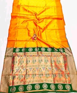 Maharatzstra Tradational Paithani Cotton Saree With Blouse Piece For Wedding & Special Occassion - Gold