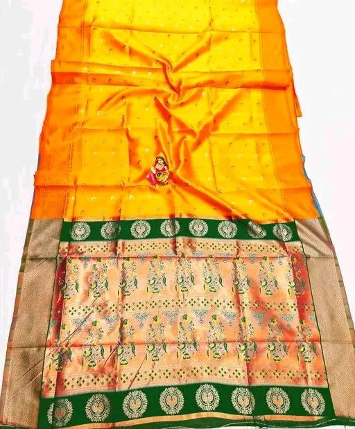 Maharatzstra Tradational Paithani Cotton Saree With Blouse Piece For Wedding & Special Occassion - Gold