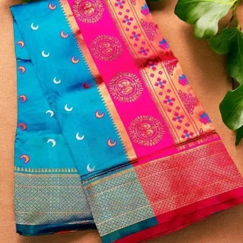 Maharatzstra Tradational Paithani Cotton Saree With Blouse Piece For Wedding & Special Occassion - Dodger Blue