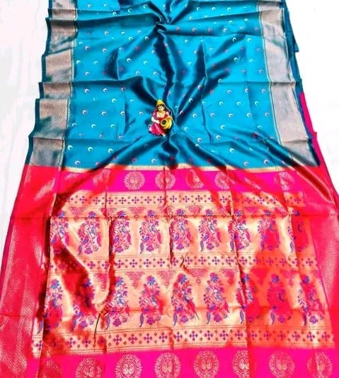 Maharatzstra Tradational Paithani Cotton Saree With Blouse Piece For Wedding & Special Occassion - Dodger Blue