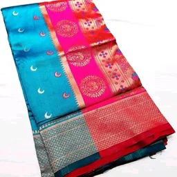 Maharatzstra Tradational Paithani Cotton Saree With Blouse Piece For Wedding & Special Occassion - Dodger Blue