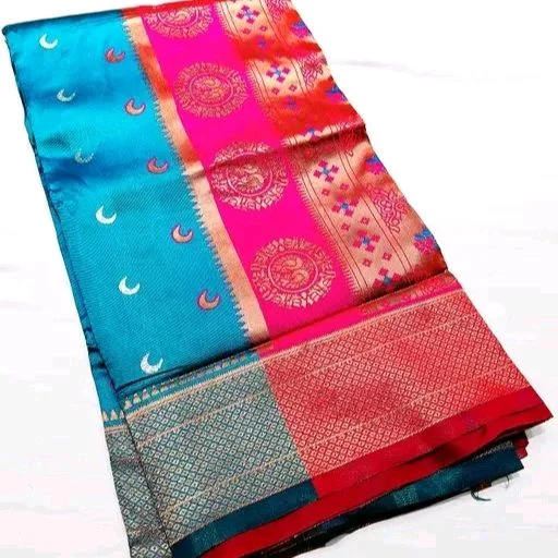 Maharatzstra Tradational Paithani Cotton Saree With Blouse Piece For Wedding & Special Occassion - Dodger Blue