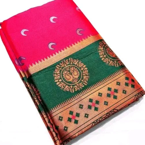 Maharatzstra Tradational Paithani Cotton Saree With Blouse Piece For Wedding & Special Occassion