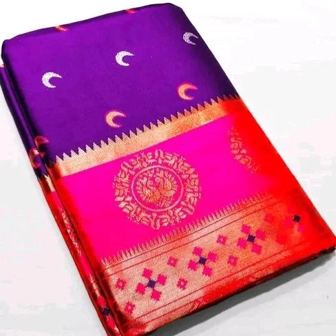 Tradational Chandrakor Paithani Cotton Silk Saree With Zari Border & Running Blouse