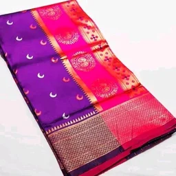 Tradational Chandrakor Paithani Cotton Silk Saree With Zari Border & Running Blouse