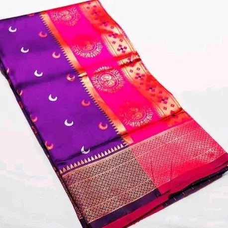 Tradational Chandrakor Paithani Cotton Silk Saree With Zari Border & Running Blouse