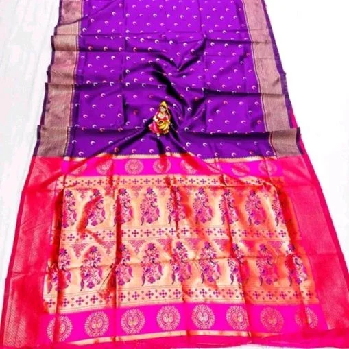 Tradational Chandrakor Paithani Cotton Silk Saree With Zari Border & Running Blouse
