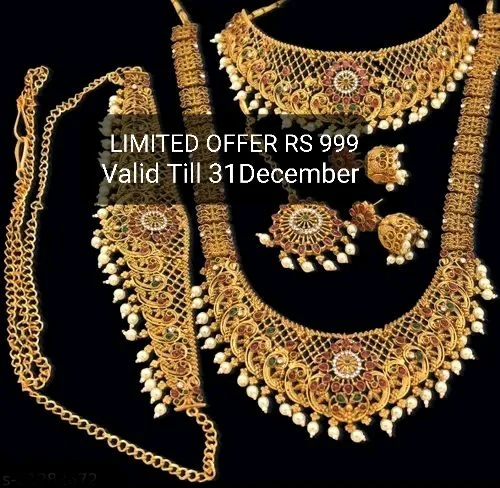 SouthIndian Bridal Gold Plated Double Necklace Jewellery Set With Earrings , Maang Tikka & Kamarbandh