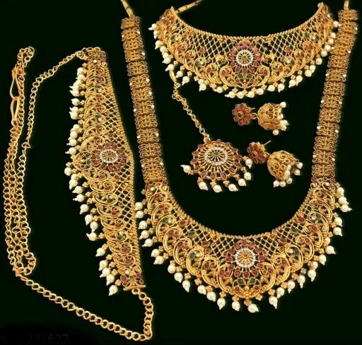 SouthIndian Bridal Gold Plated Double Necklace Jewellery Set With Earrings , Maang Tikka & Kamarbandh
