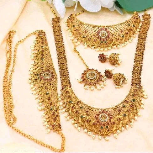 SouthIndian Bridal Gold Plated Double Necklace Jewellery Set With Earrings , Maang Tikka & Kamarbandh